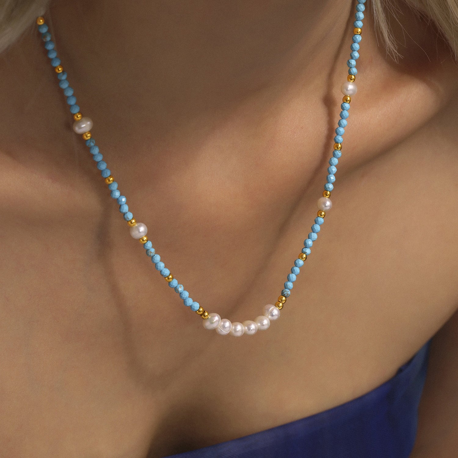 Natural Turquoise Pearl Jewelry Set – French Boho Chic Beaded Necklace & Bracelet for Women