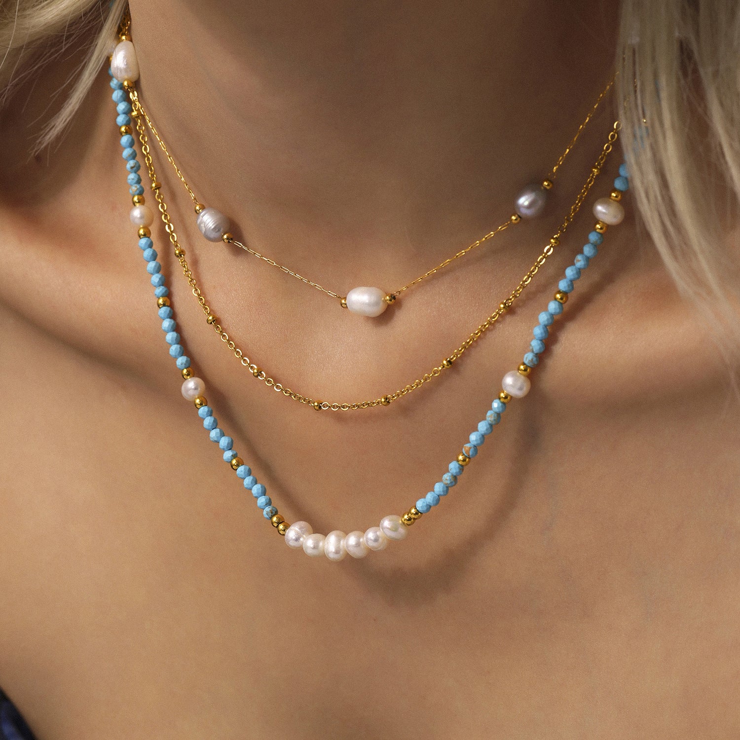 Natural Turquoise Pearl Jewelry Set – French Boho Chic Beaded Necklace & Bracelet for Women