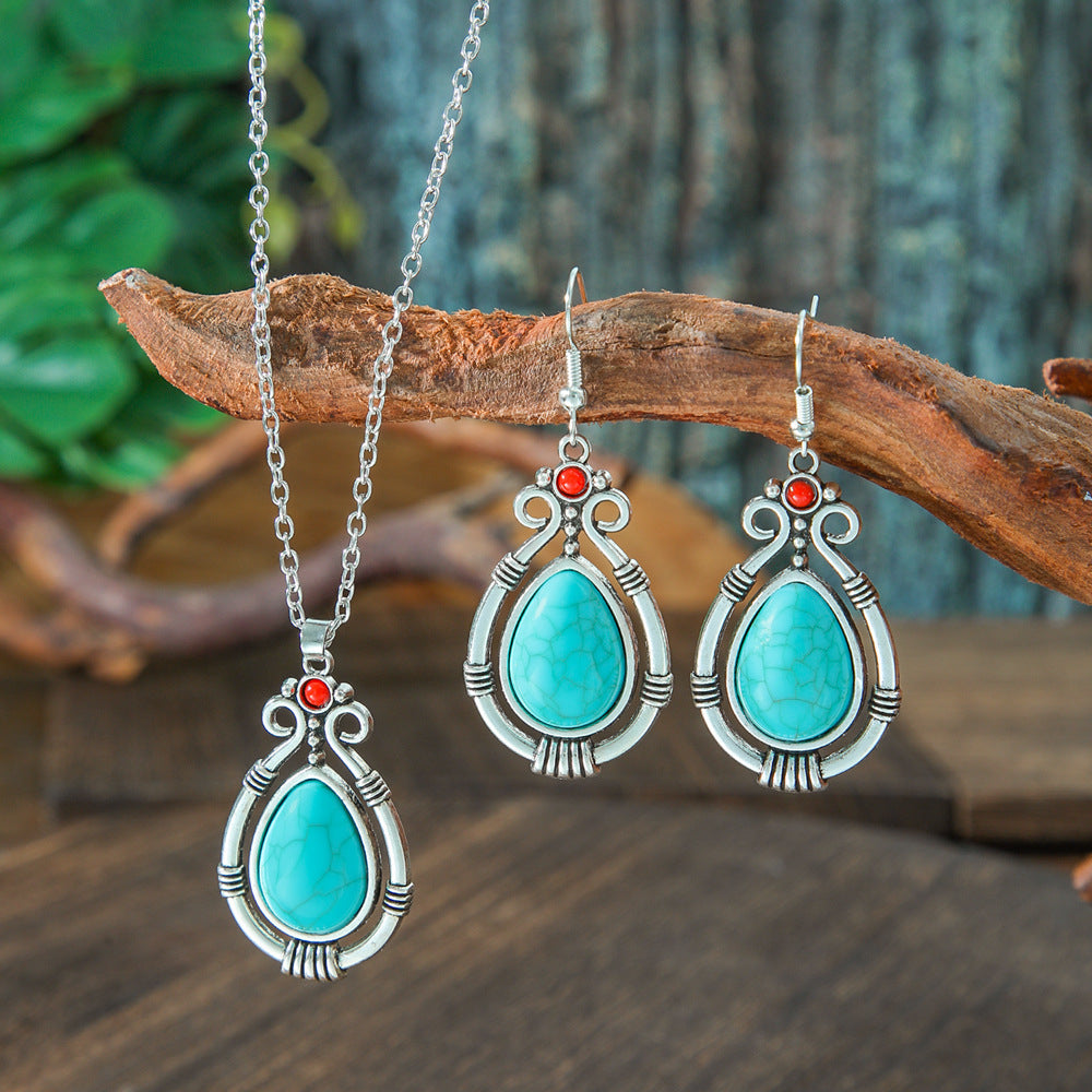 Turquoise Floral Necklace Set for Women, Boho Nature Inspired Jewelry Gift, Vintage Flower Pendant Necklace for Everyday Wear & Special Occasions