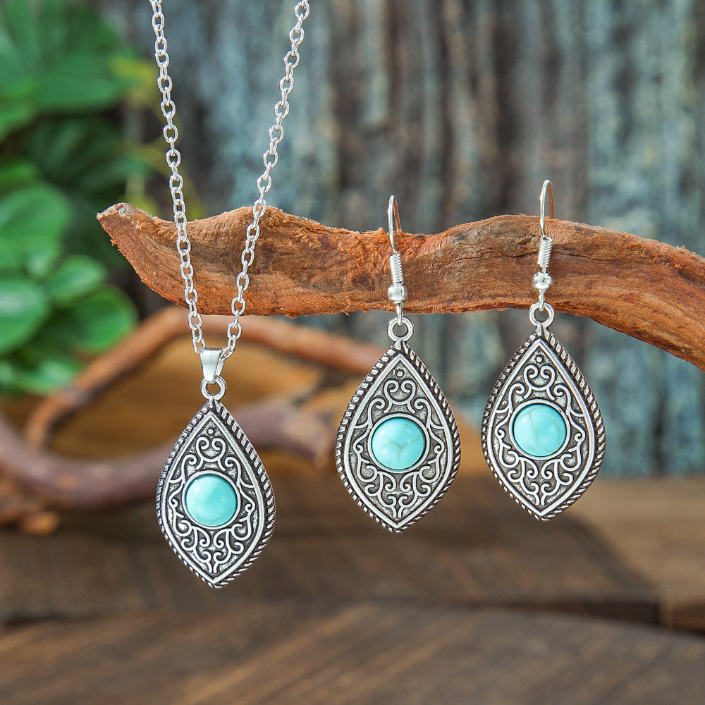 Turquoise Floral Necklace Set for Women, Boho Nature Inspired Jewelry Gift, Vintage Flower Pendant Necklace for Everyday Wear & Special Occasions