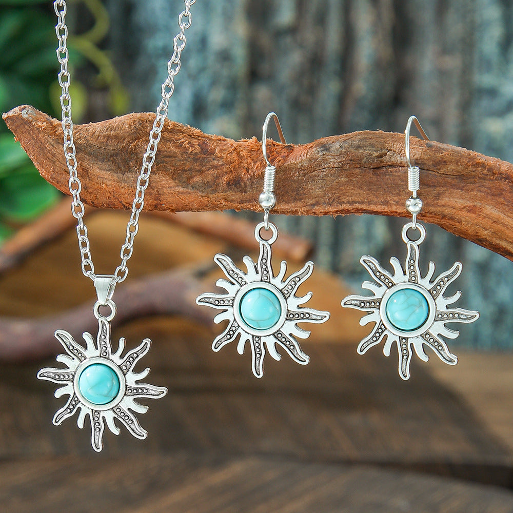 Turquoise Floral Necklace Set for Women, Boho Nature Inspired Jewelry Gift, Vintage Flower Pendant Necklace for Everyday Wear & Special Occasions