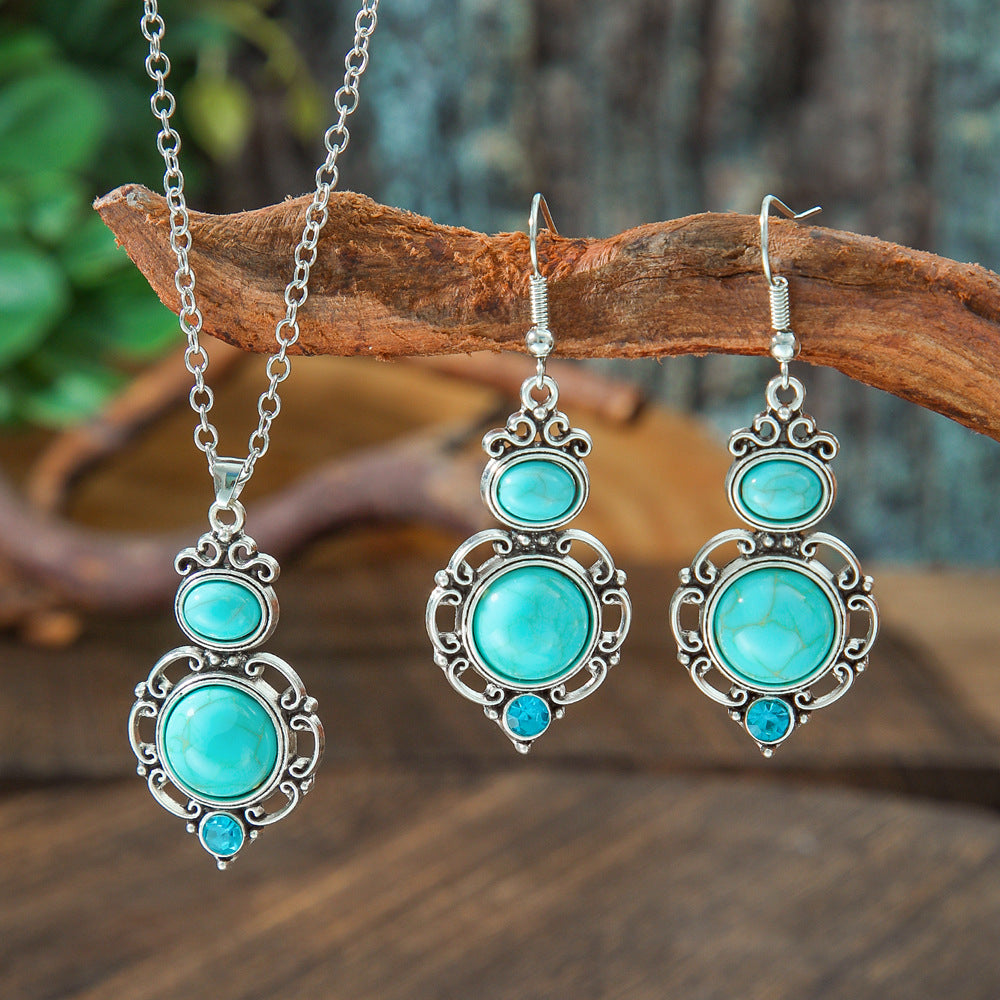 Turquoise Floral Necklace Set for Women, Boho Nature Inspired Jewelry Gift, Vintage Flower Pendant Necklace for Everyday Wear & Special Occasions